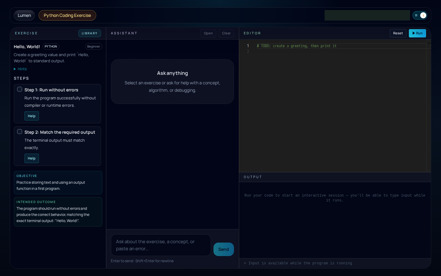 Lumen Studio showing a Python Hello World exercise with instructions, an AI assistant, code editor, and output terminal